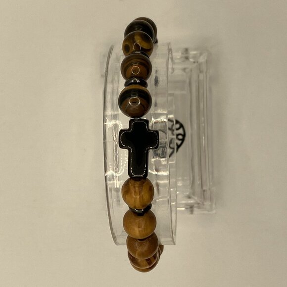 Tiger Eye and Wooden Beaded Bracelet with Stainless Steel Cross + Magnet clasp - Picture 2 of 10